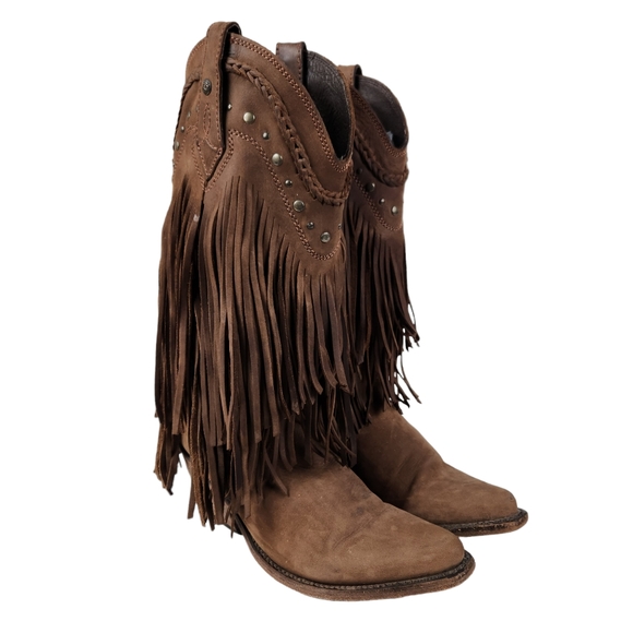 LIBERTY Black Shoes - Liberty Black Vegas Fringe Boots Faggio Brown Leather LB 71124 Women's Size 7.5